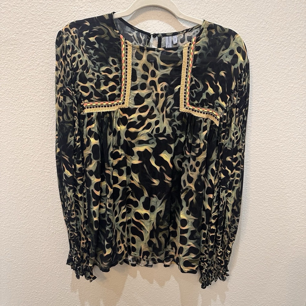 Anthropologie Bl-nk London Joelle Peasant Blouse Leopard Sm Chiffon Flowy Boho